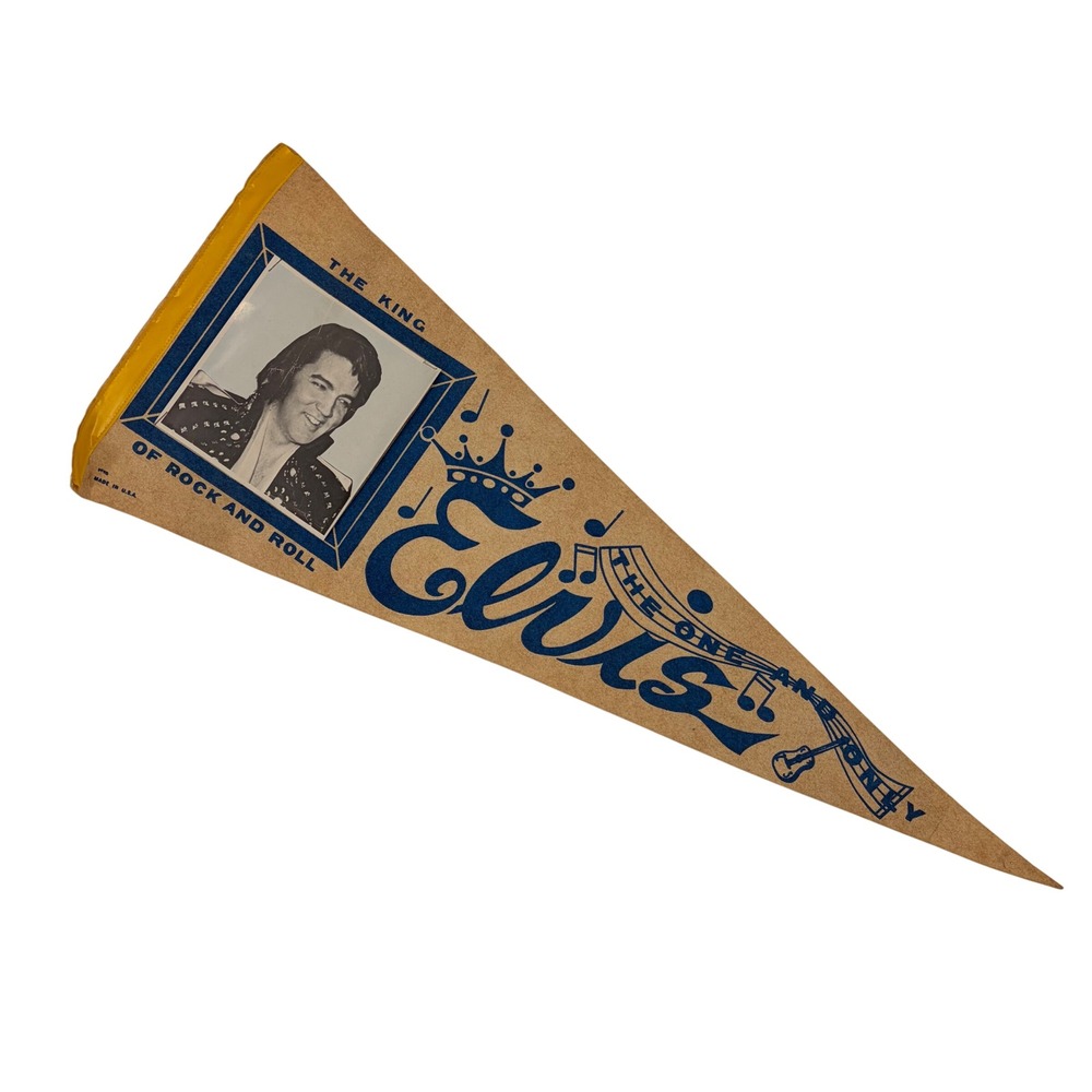Vintage Elvis Presley Pennant The King of Rock and Roll Photo Flag 1970s FLAWS